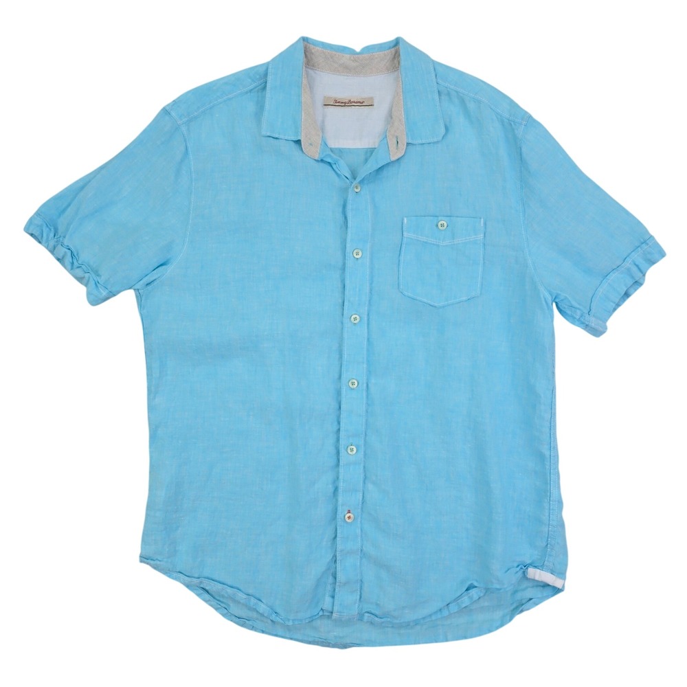 Tommy Bahama Linen Button Up Shirt Mens Large Blue Short Sleeve Tropical Beach